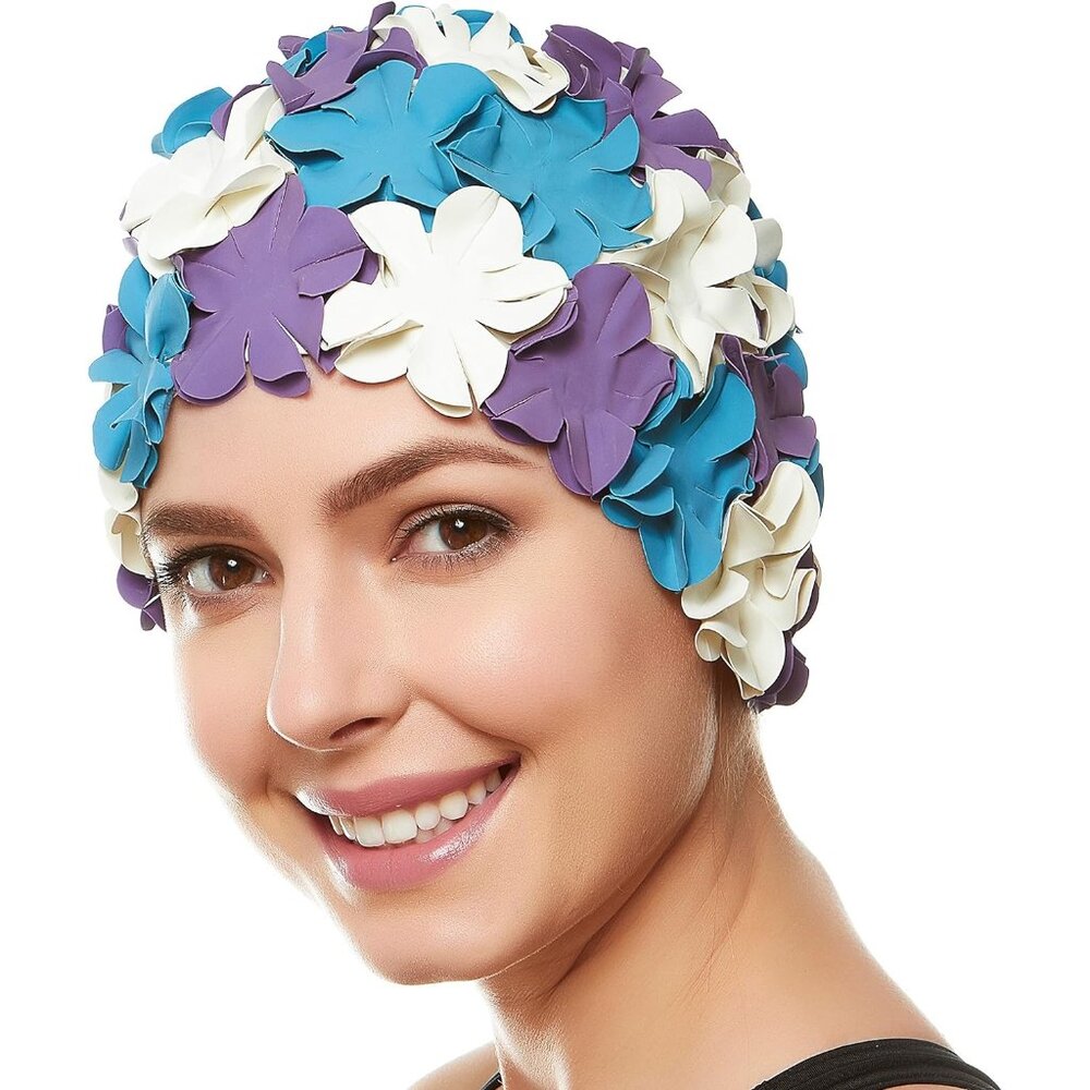 Beemo Floral Petal Ladies Bathing Swim Cap Women Long/Short Hair-Purple/Blue/Wht